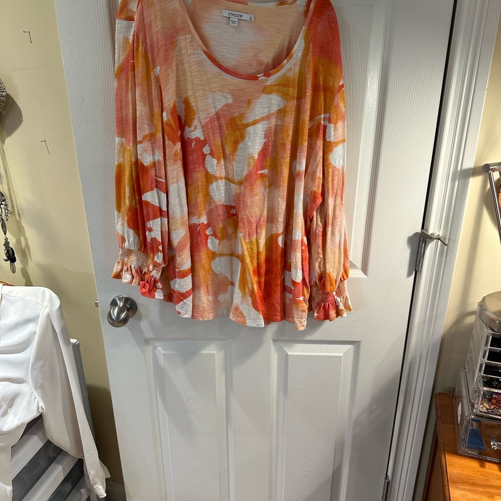 Chico's Orange and Pink 3/4 Sleeve Pleated Blouse